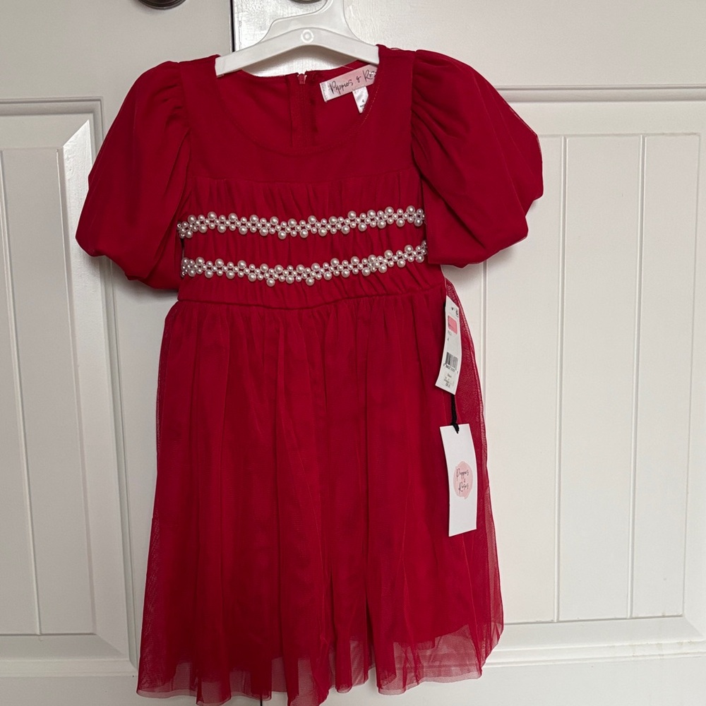 Red Kids Dress with pearl details